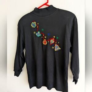 Vintage Black turtleneck Embroidered Christmas Plaid Jingle Bells Top SMALL